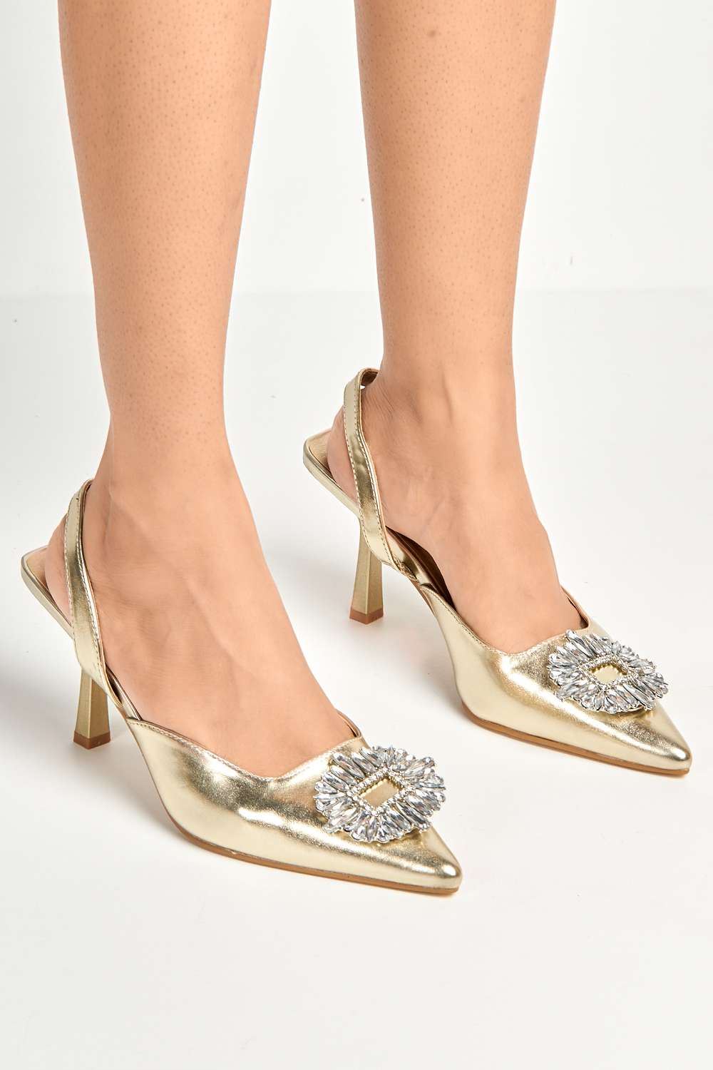 Miss Diva Amira Diamante Brooch Sling Back Court Shoes in Gold