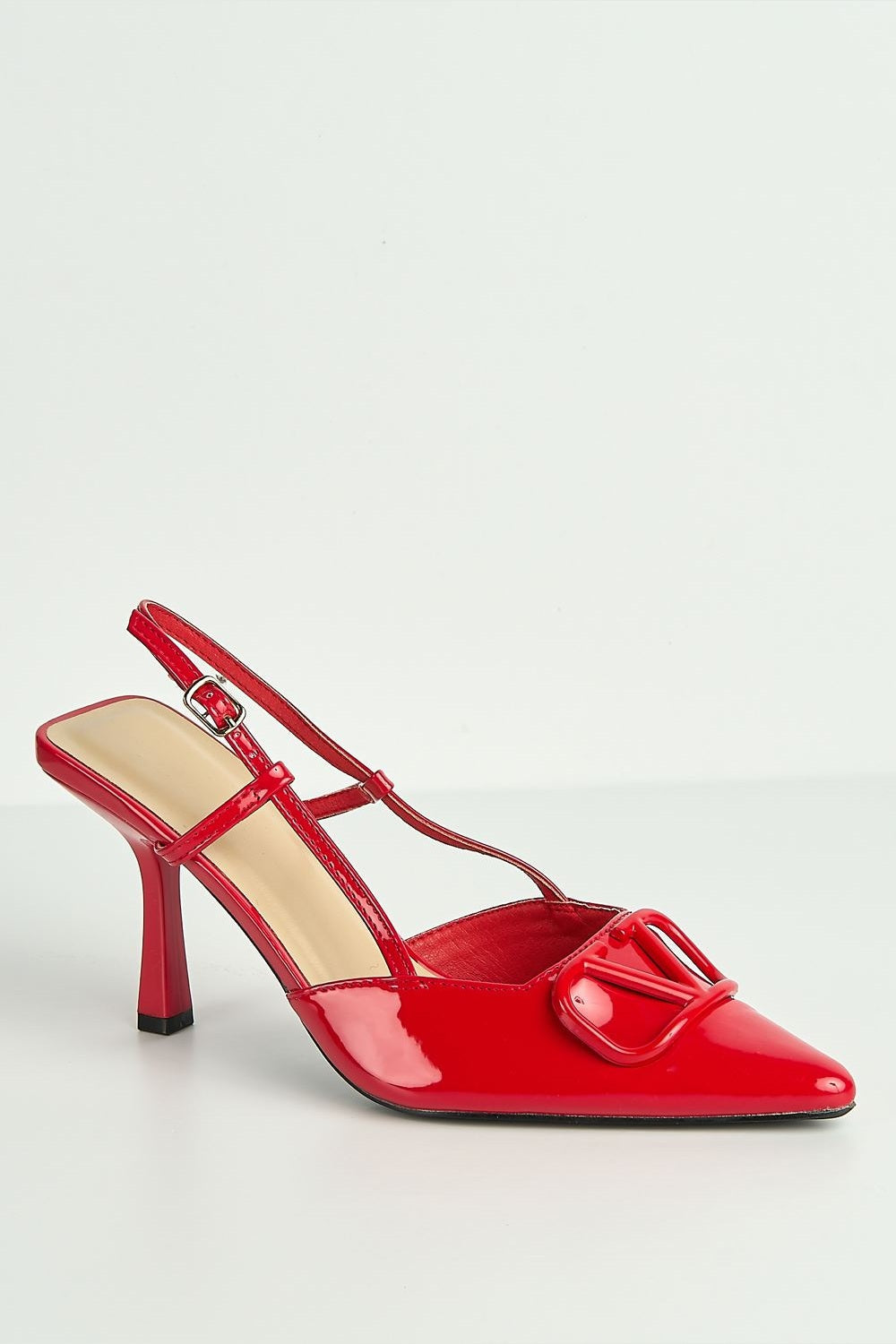 Cia Brooch Detail Slingback Court Shoes in Red