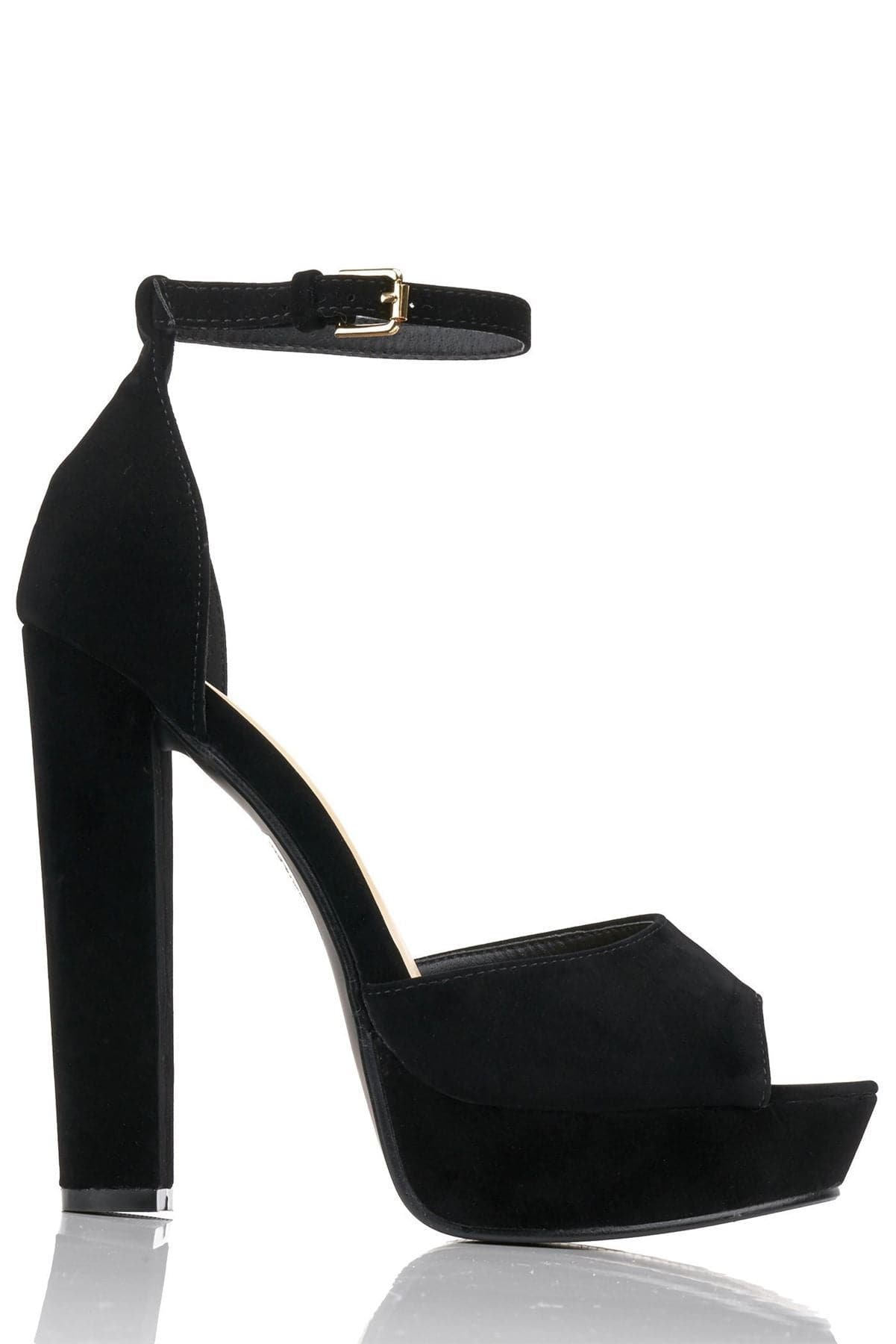 Miss Diva Kirti Anklestrap Platform Peeptoe Sandal in Black Suede