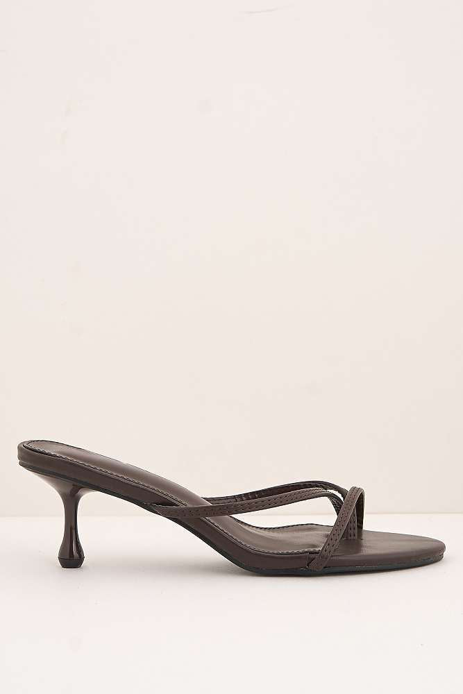 Sylvia Toepost Strappy Slip On Kitten Heel Mules in Brown