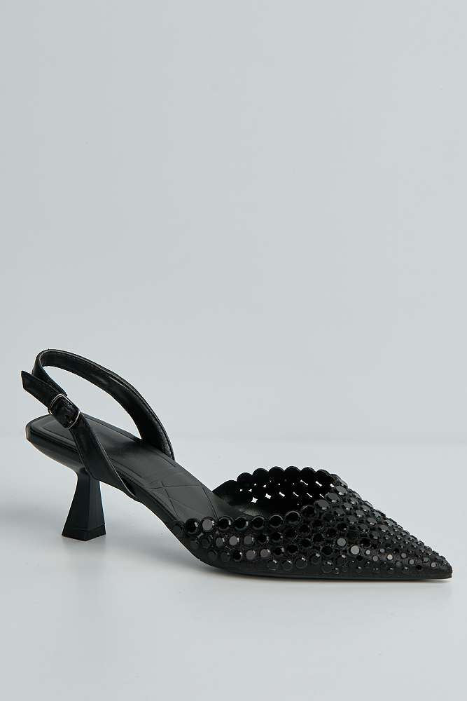 Giovanna Mirror Encrusted Slingback Court Shoes in Black