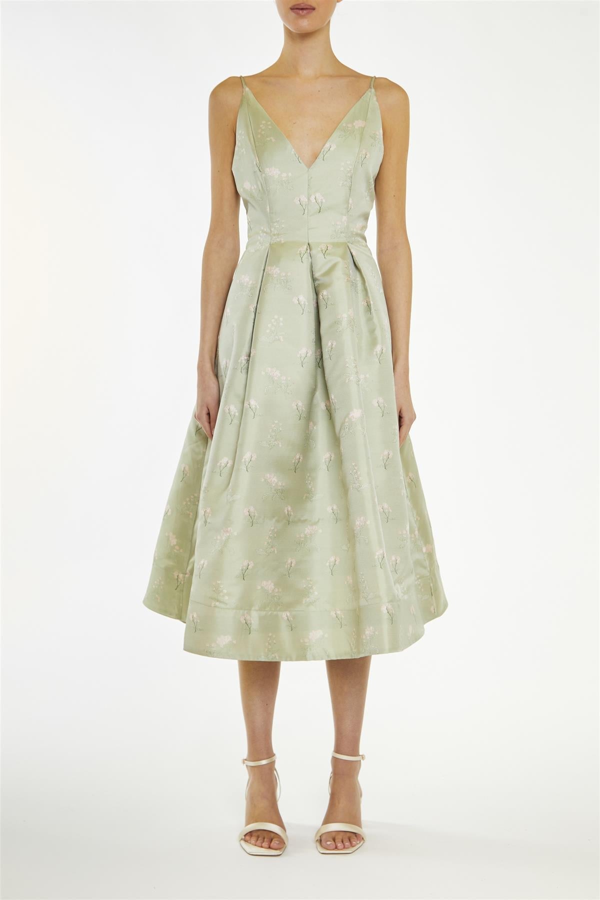 slim fit dress slacks True Decadence Green Estella Floral-Jacquard Cami Skater Midi-Dress