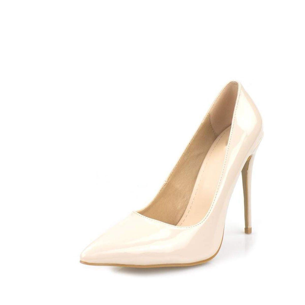 Mila High Stiletto Heel Court Shoe in Beige Patent Heels Miss Diva