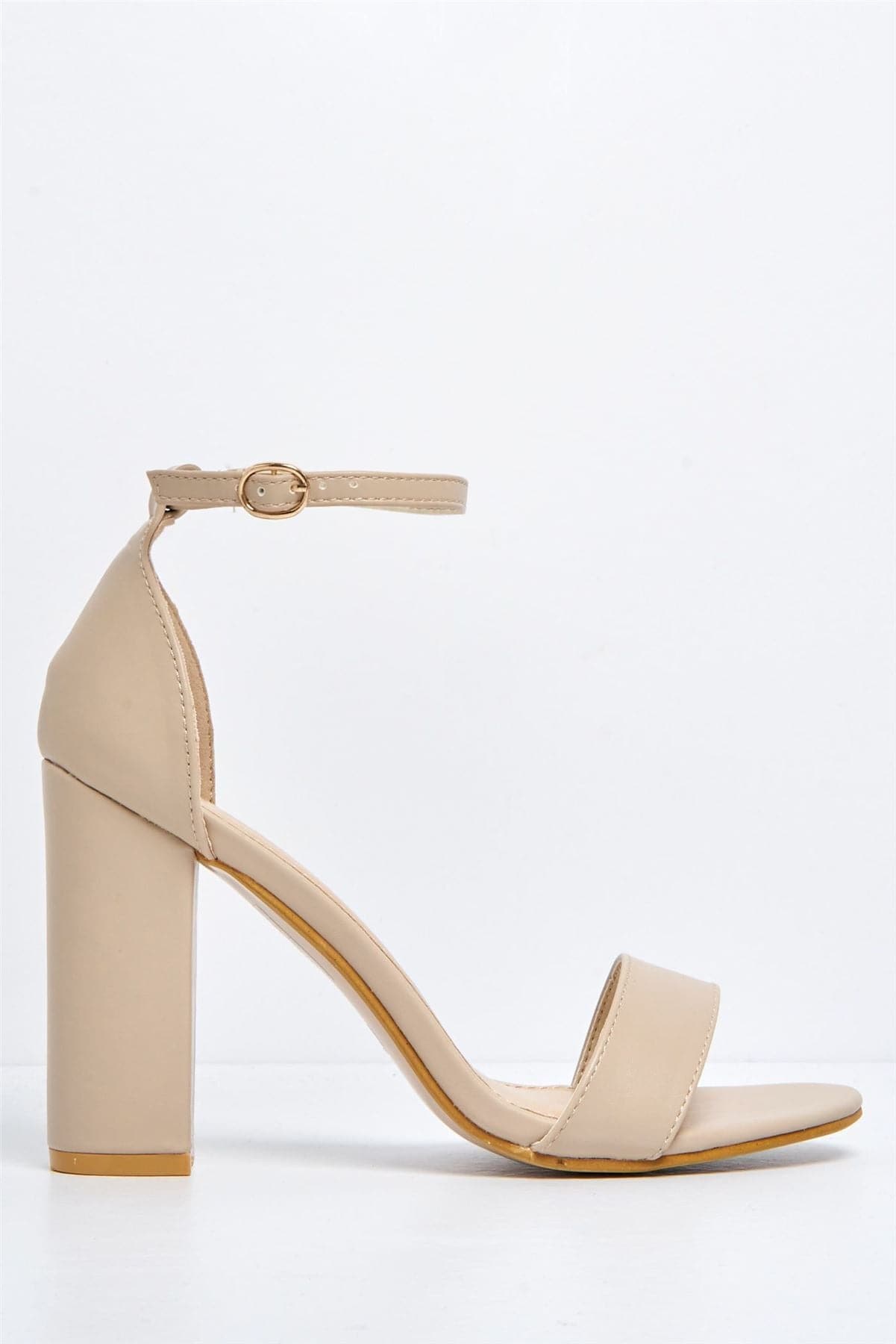 May Barely There Block Heel Ankle Strap Sandal in Nude PU Heels Miss Diva