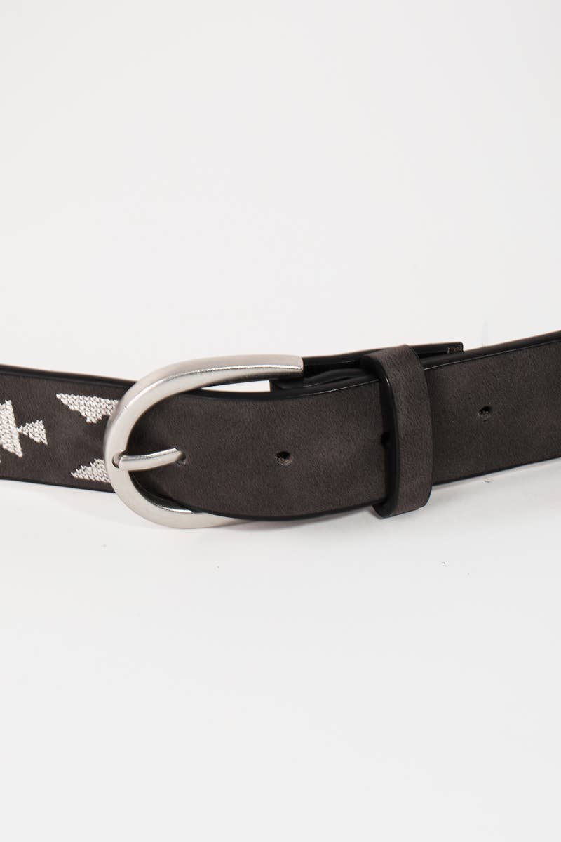 Western Boho Embroidered Pattern Vegan Leather Belt: BK