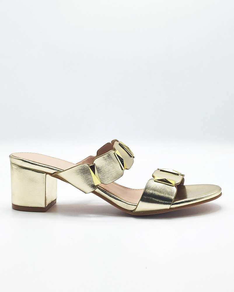 Miss Diva Gold Kolee Stud Detail Block Heel Mules