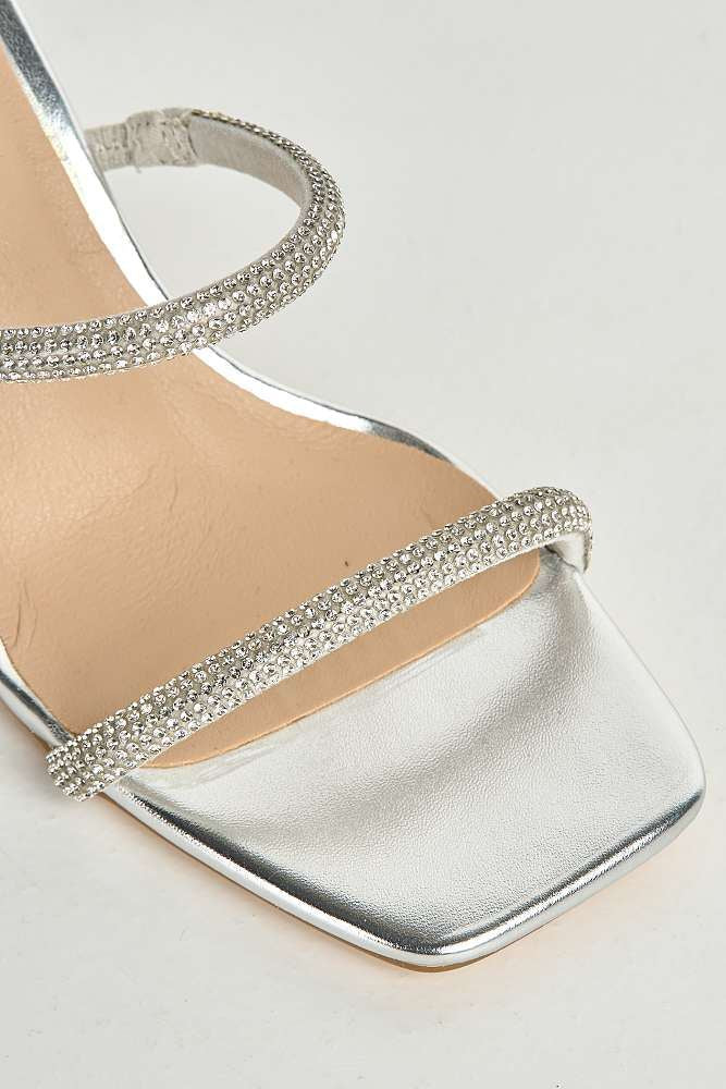 Pia 2 Diamante Strap & Flare Heel Mules in Silver