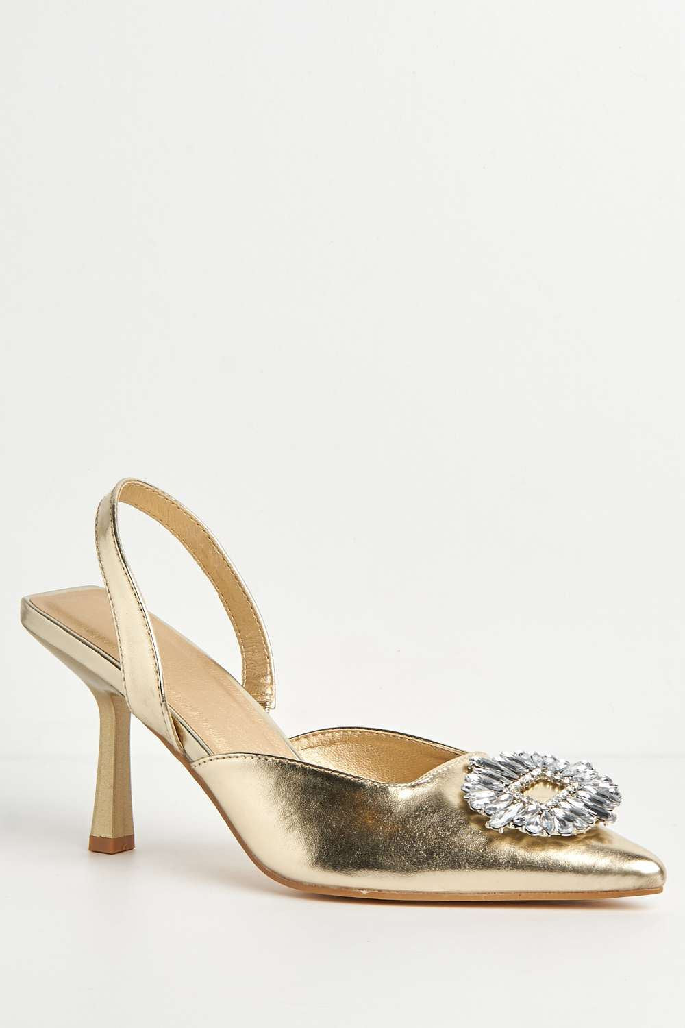 Miss Diva Gold Amira Diamante Brooch Sling Back Court Shoes