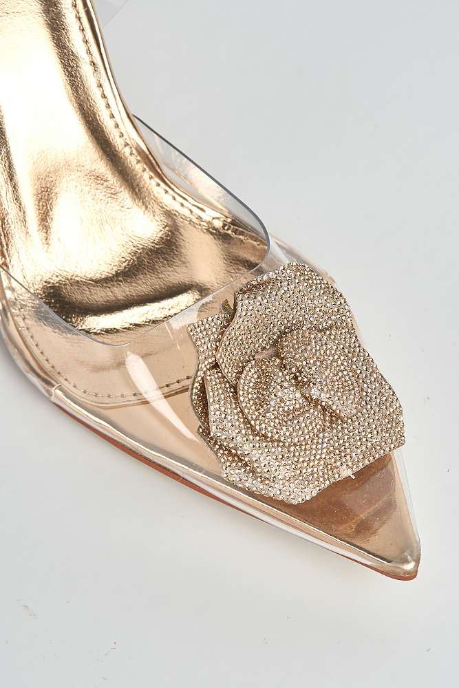 Rosela Diamante Rose Detail Pointed Toe Perspex Heels in Rose Gold
