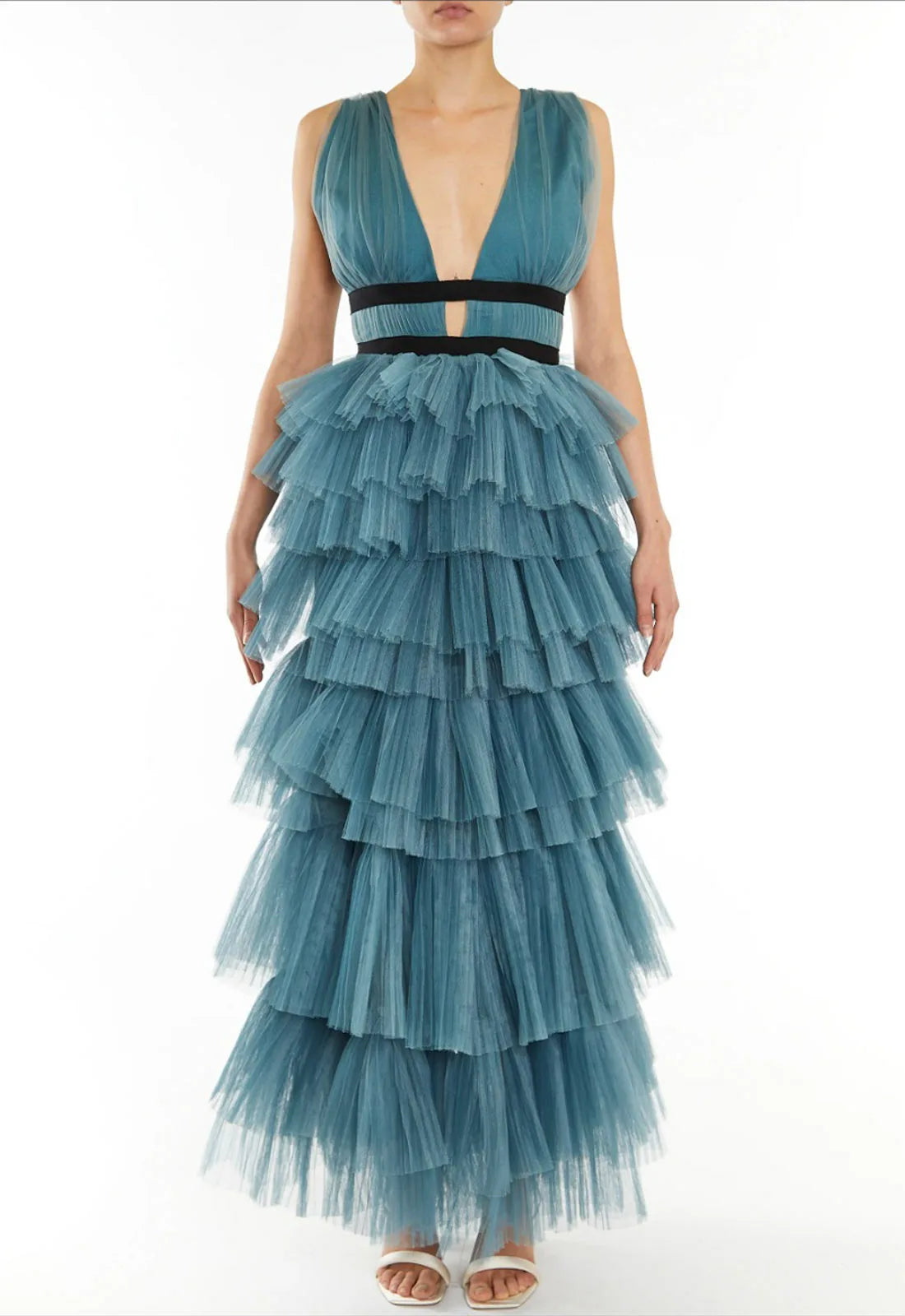 True Decadence Eliza Teal Blue Plunging Neck Layered Tulle Skirt Maxi Dress 6