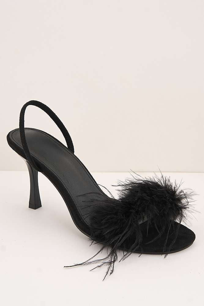Margot Feathered Trim Band Slingback Heeled Sandals in Black