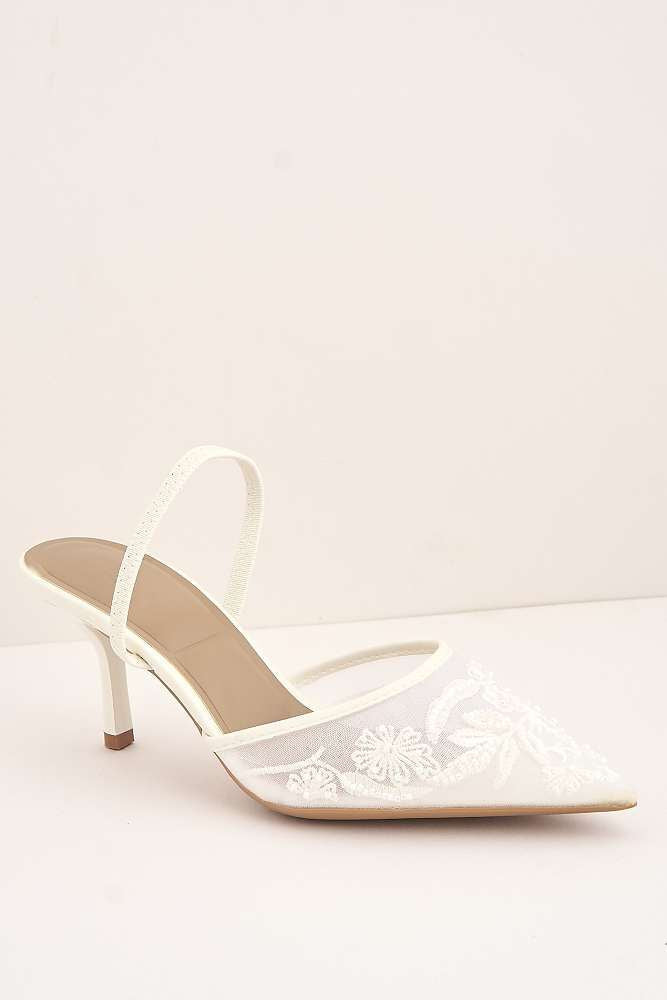 Miss Diva Romina Bead Embellished Mesh Slingback Court Shoes in White