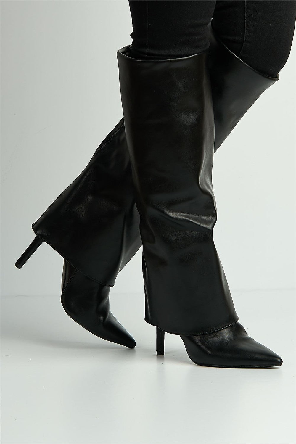 Beckett Pointed Toe Fold Over Stiletto Knee High Boots in Black