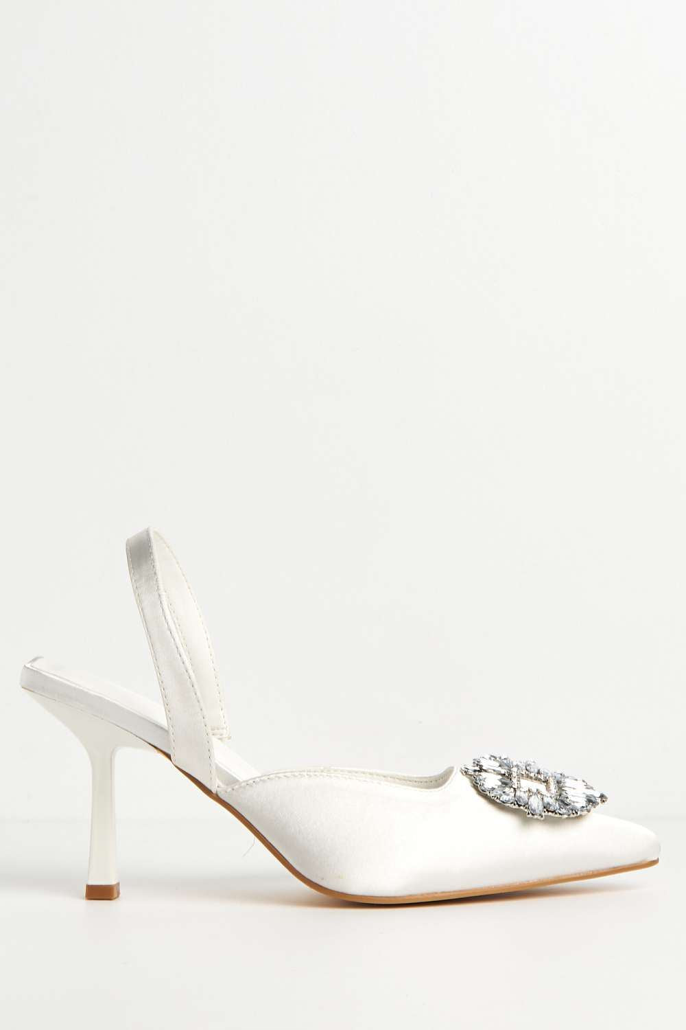 Miss Diva Amira Diamante Brooch Sling Back Court Shoes in Ivory Satin