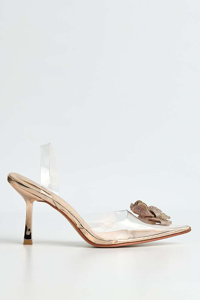Rosela Diamante Rose Detail Pointed Toe Perspex Heels in Rose Gold