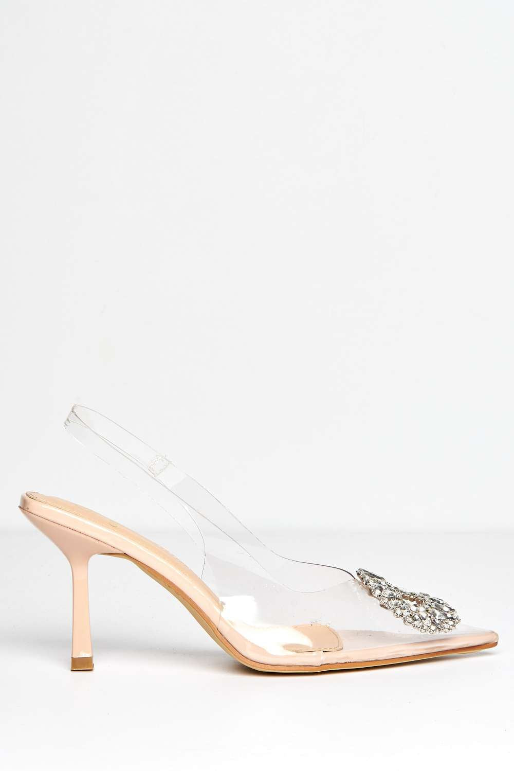 Miss Diva Lolya Diamante Brooch Detail Perspex Court Shoe Heels in Nude