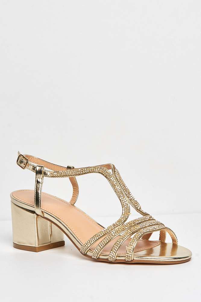 Miss Diva Amanda 3 Diamante Strap T-bar Block Heel Sandal in Gold