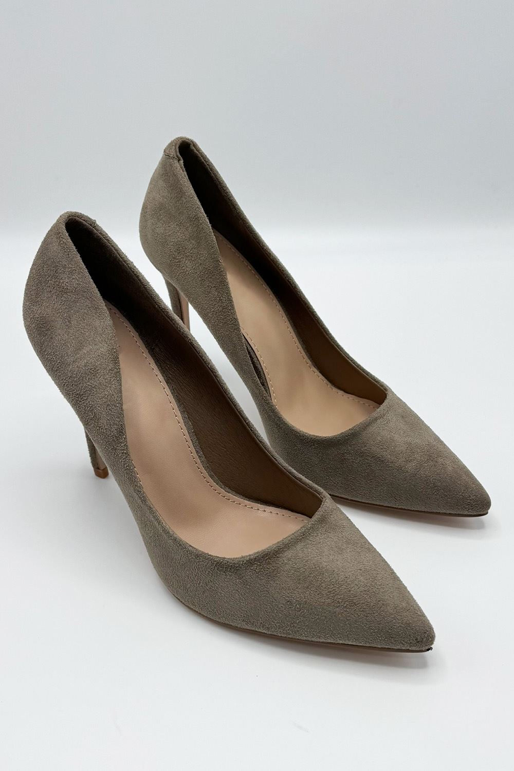 Mila High Stiletto Faux Suede Heel Court Shoe in Taupe