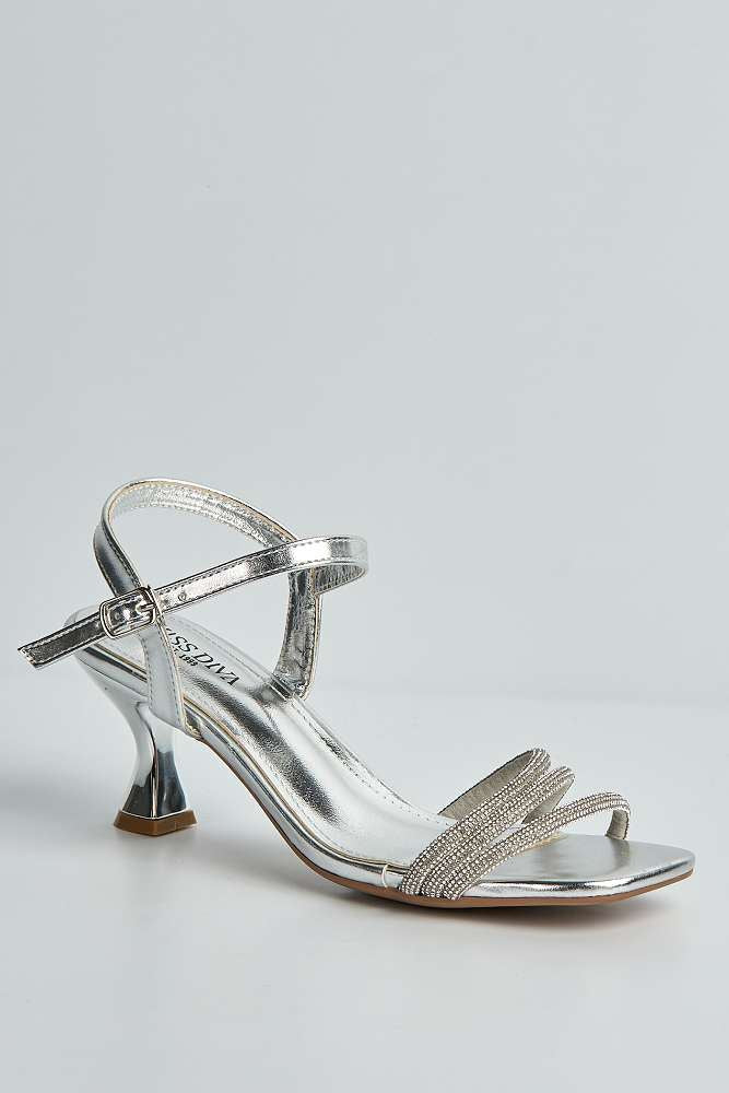 Mariella 3 Diamante Band Anklestrap Low Heeled Sandals in Silver