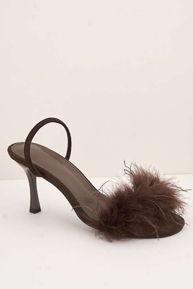 Margot Feathered Trim Band Slingback Heeled Sandals in Brown