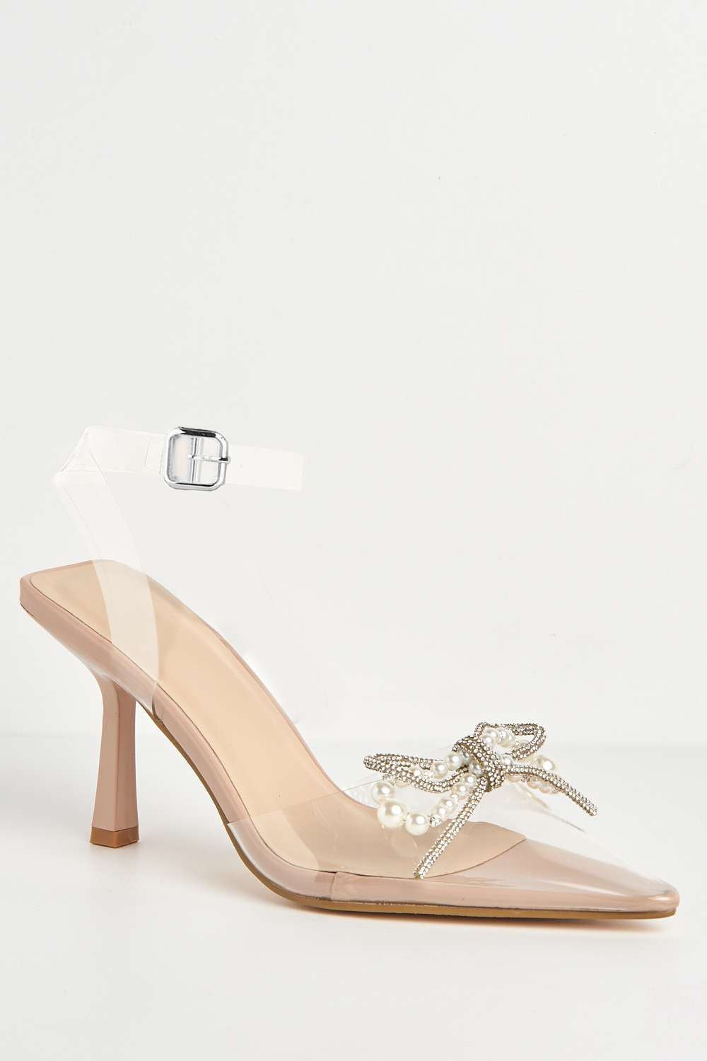 Orkide Diamante Bow and Pearl Detail Perspex Court Shoes in Nude Patent