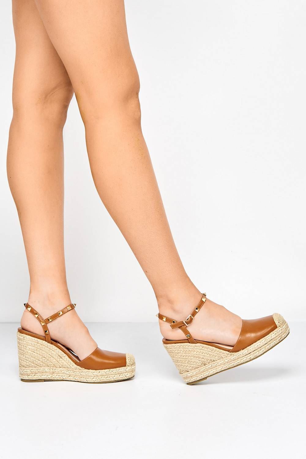 Alala Round Toe Studded Anklestrap Espadrille Wedge in Tan Heels Miss Diva