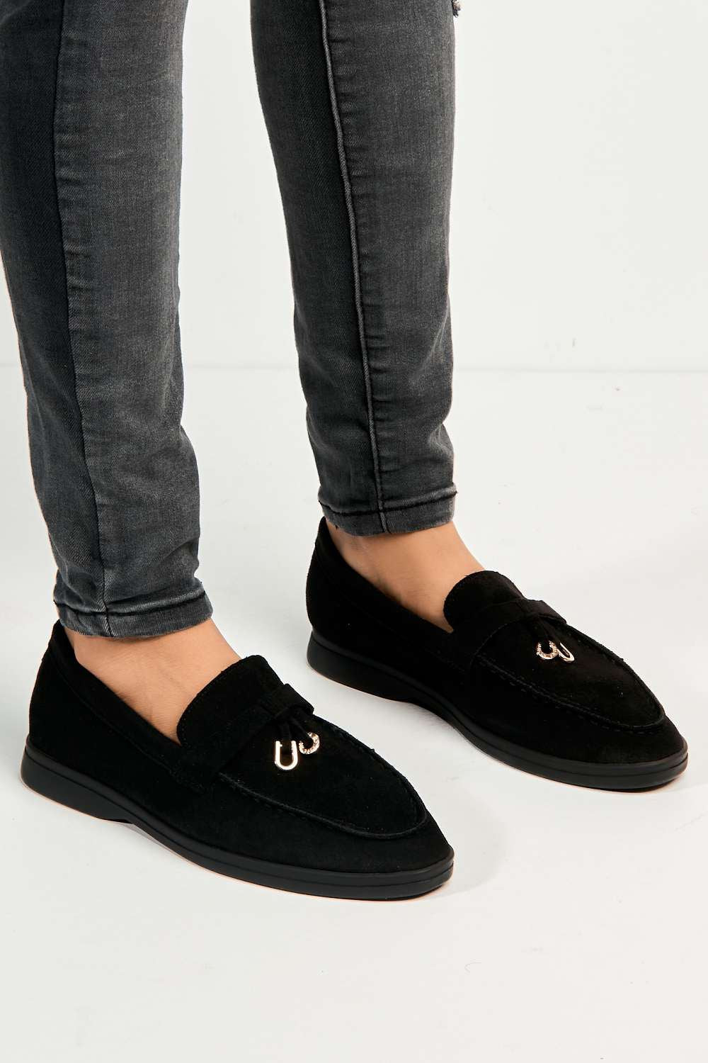 Miss Diva Tonya Charm Detail Slip-On Faux Suede Loafers in Black