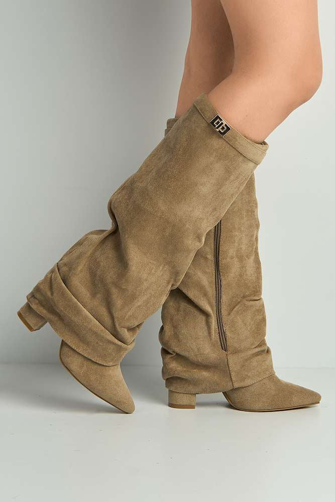 Miss iva Taupe Izel Block Heel Pointy Toe Gold Boots