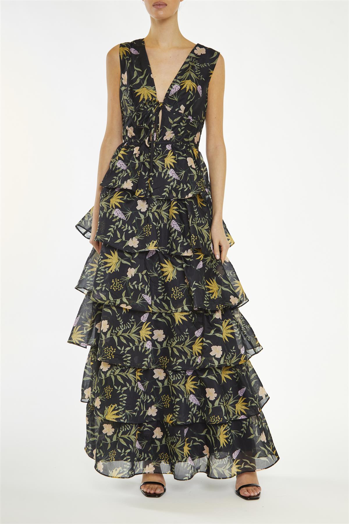 True Decadence Black-Stem Genevieve Nature-Floral Tiered Maxi-Dress