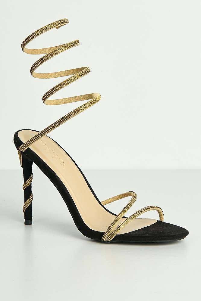 Curly Diamante Embellished Spiral Ankle Strap Sandals in Black / Gold