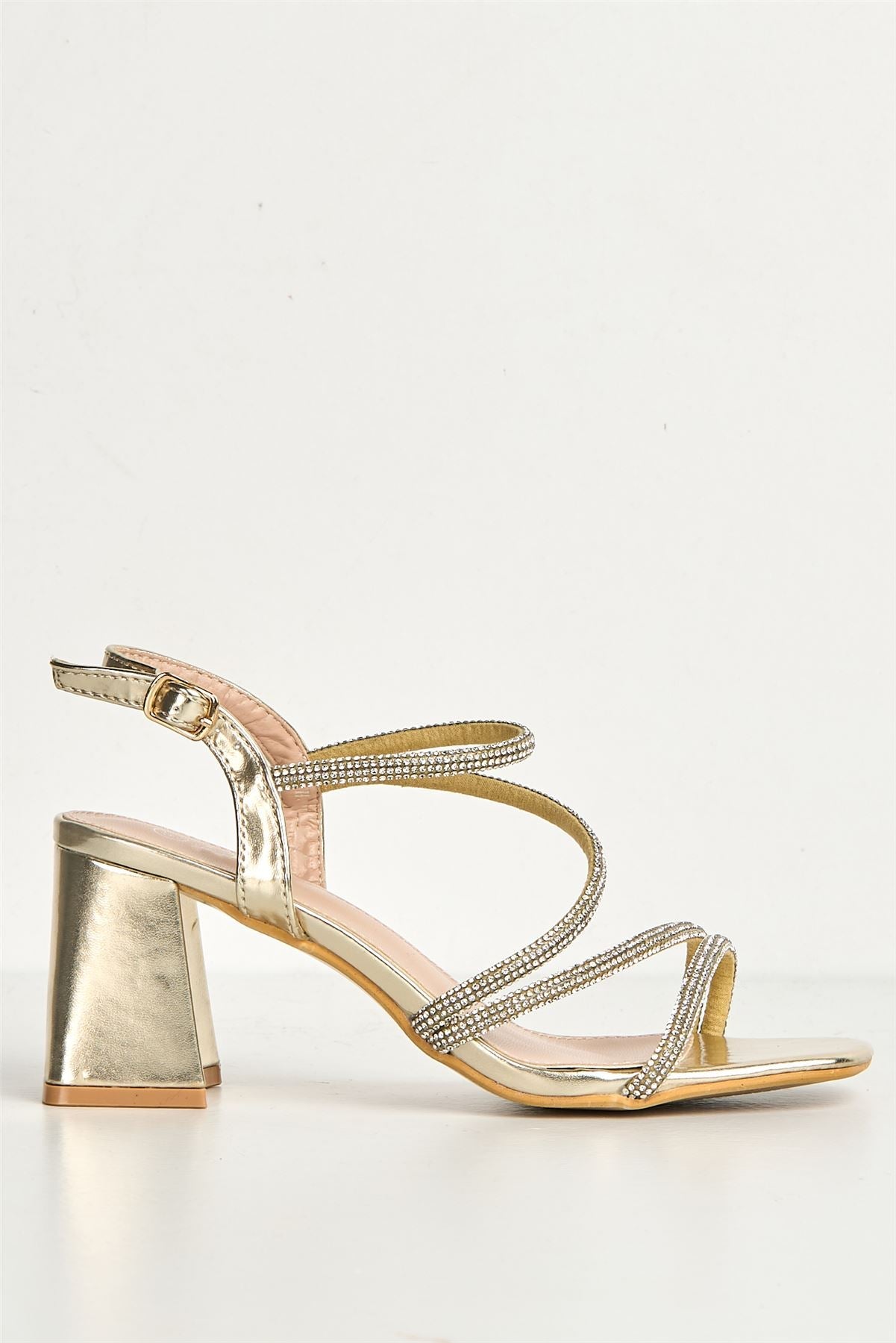 Miss Diva Kayli Diamante Strappy Block Heels in Gold