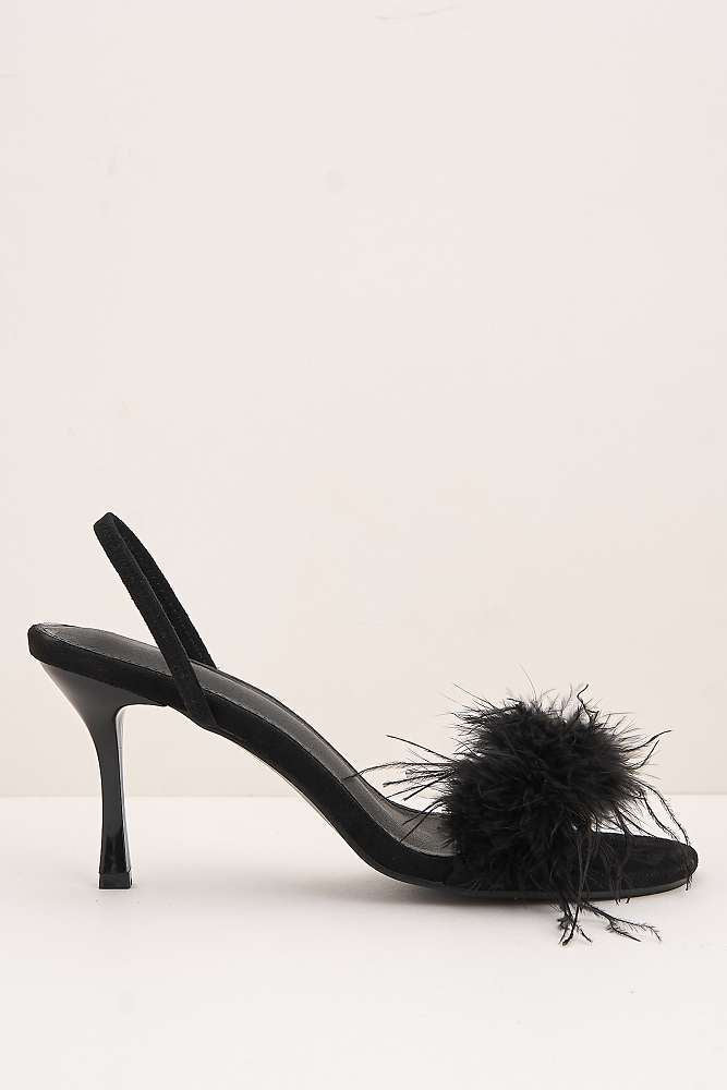 Margot Feathered Trim Band Slingback Heeled Sandals in Black