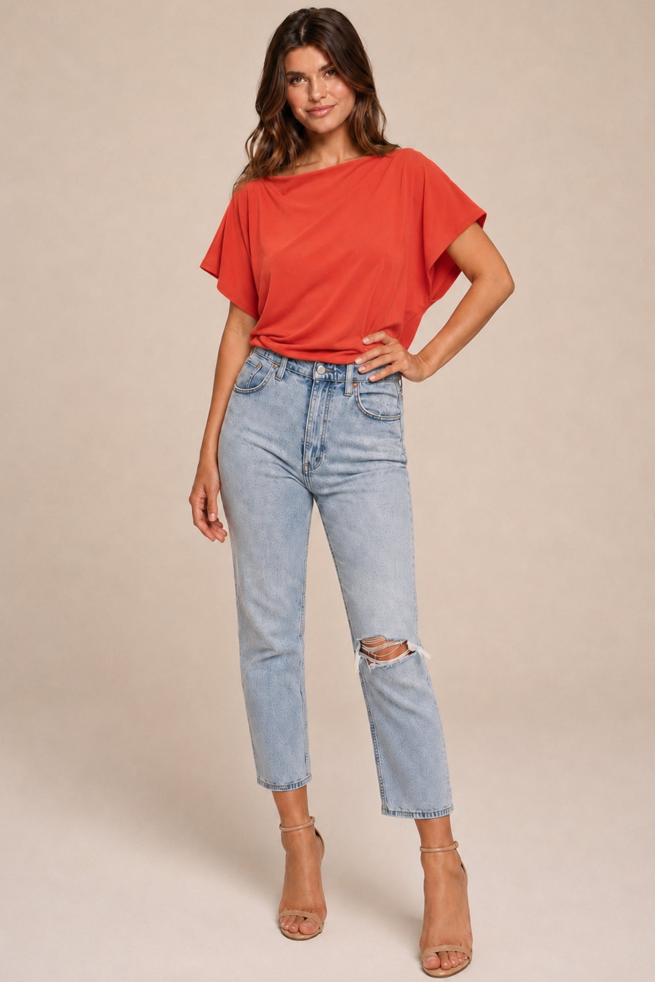 Honor Gold Finley Orange Batwing Top With Slashed Neckline