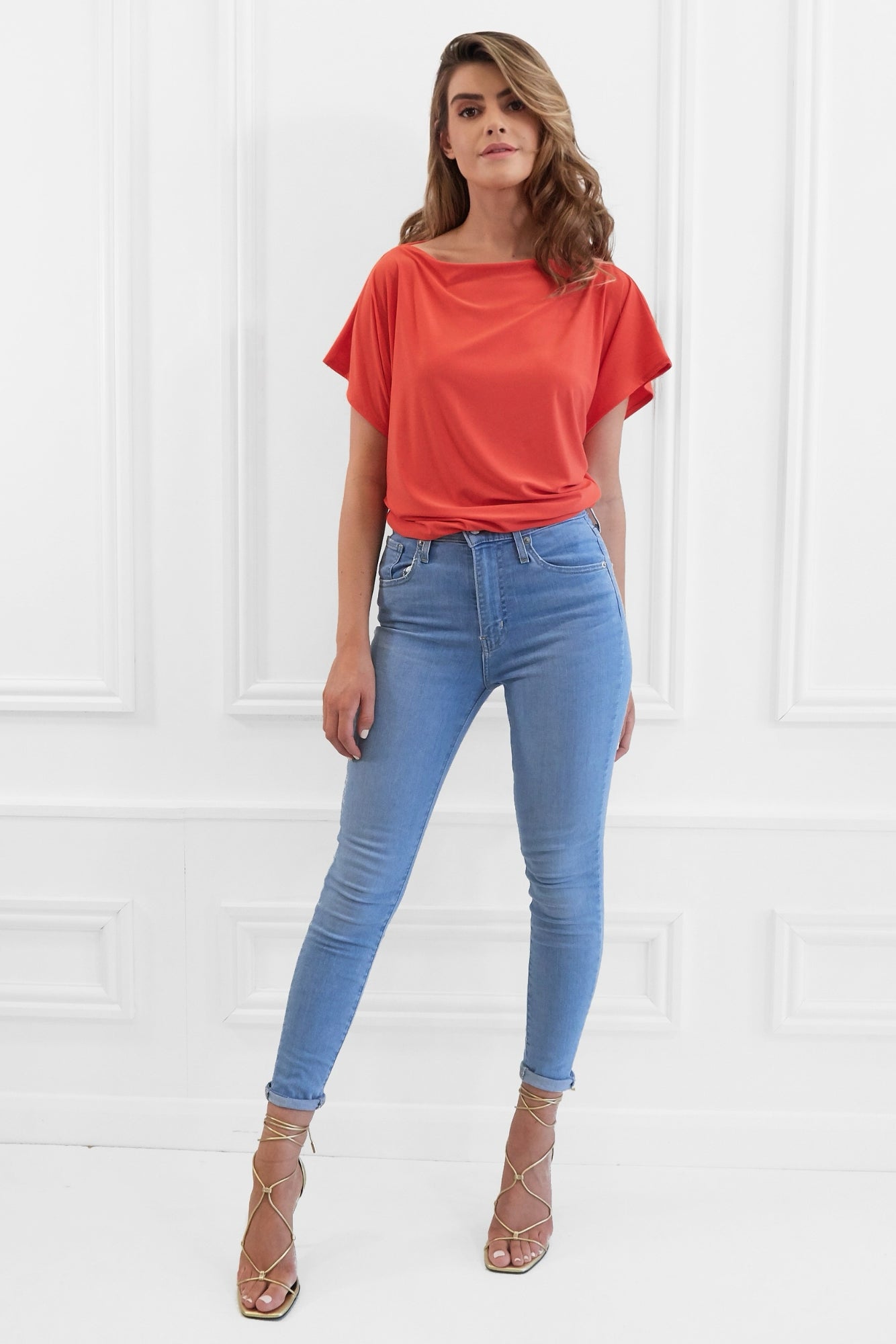 Honor Gold Finley Orange Batwing Top With Slashed Neckline