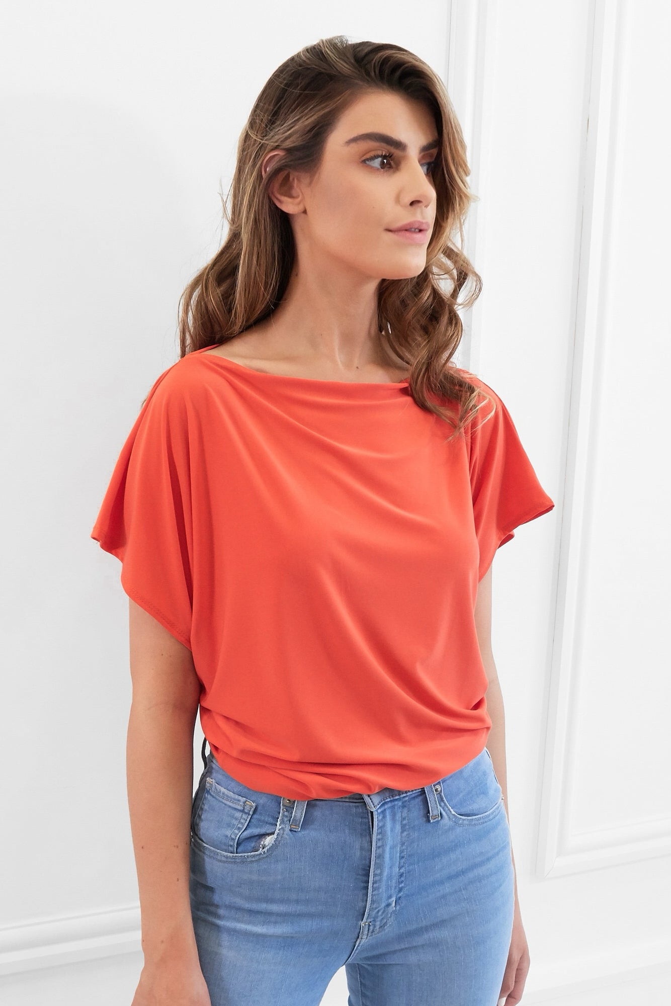 Honor Gold Finley Orange Batwing Top With Slashed Neckline