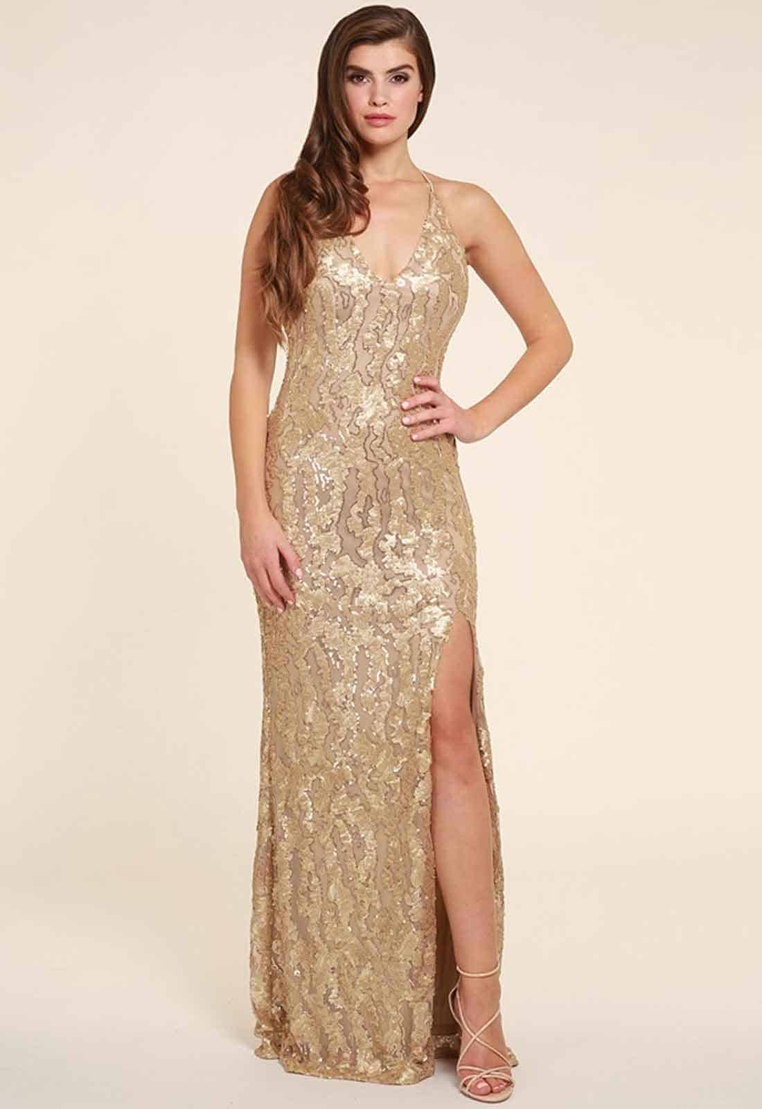 Honor Gold Gia Pleather Sequin Maxi in Gold-16517
