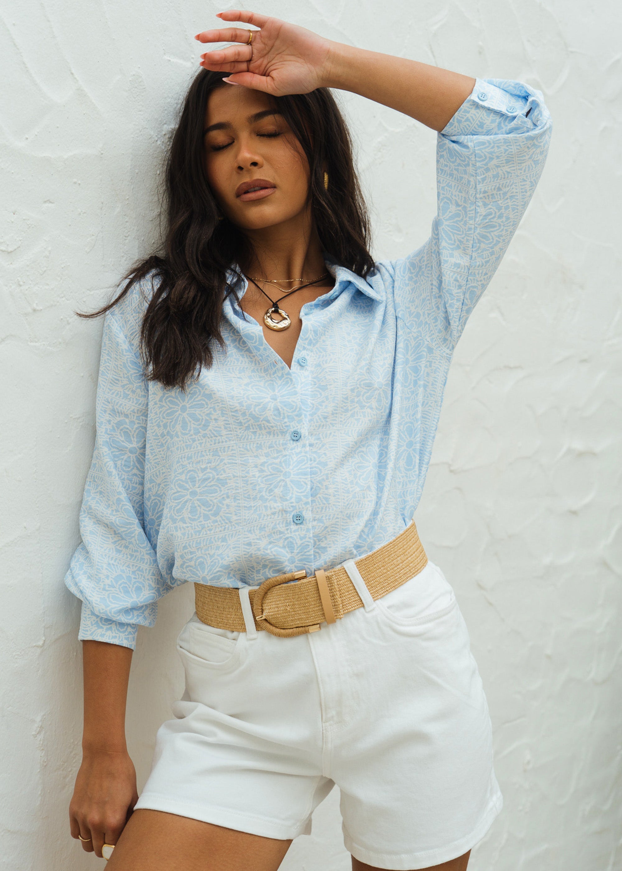 Gini London Cotton Mix Blue Tile Print Button-Through Shirt