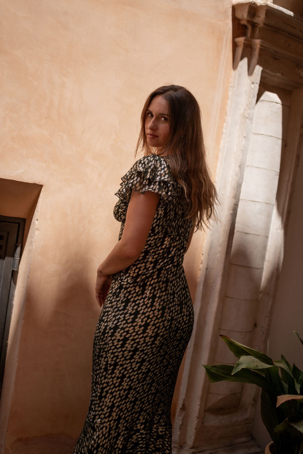 Gini London Dark Green Viscose Clipped Gold Jacquard Bias Cut Maxi Dress