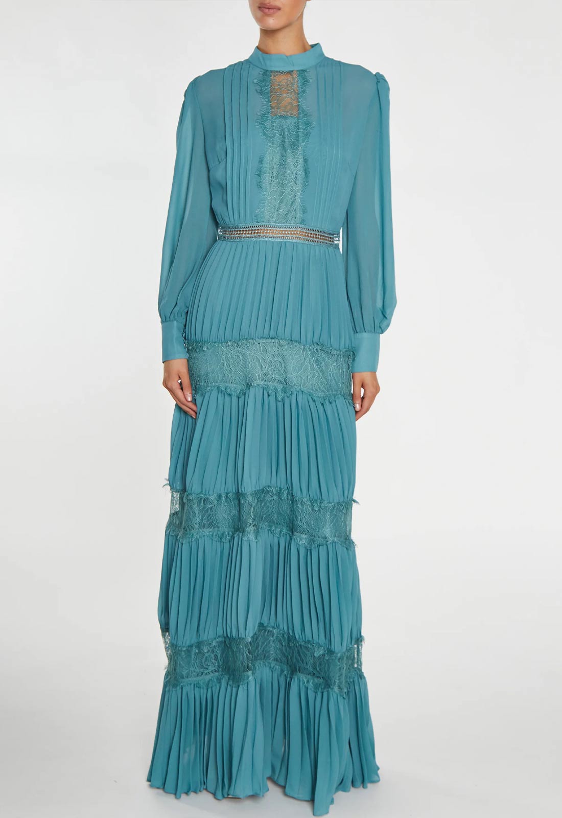 True Decadence Holly Mineral Blue High-Neck Pleated Maxi Dress