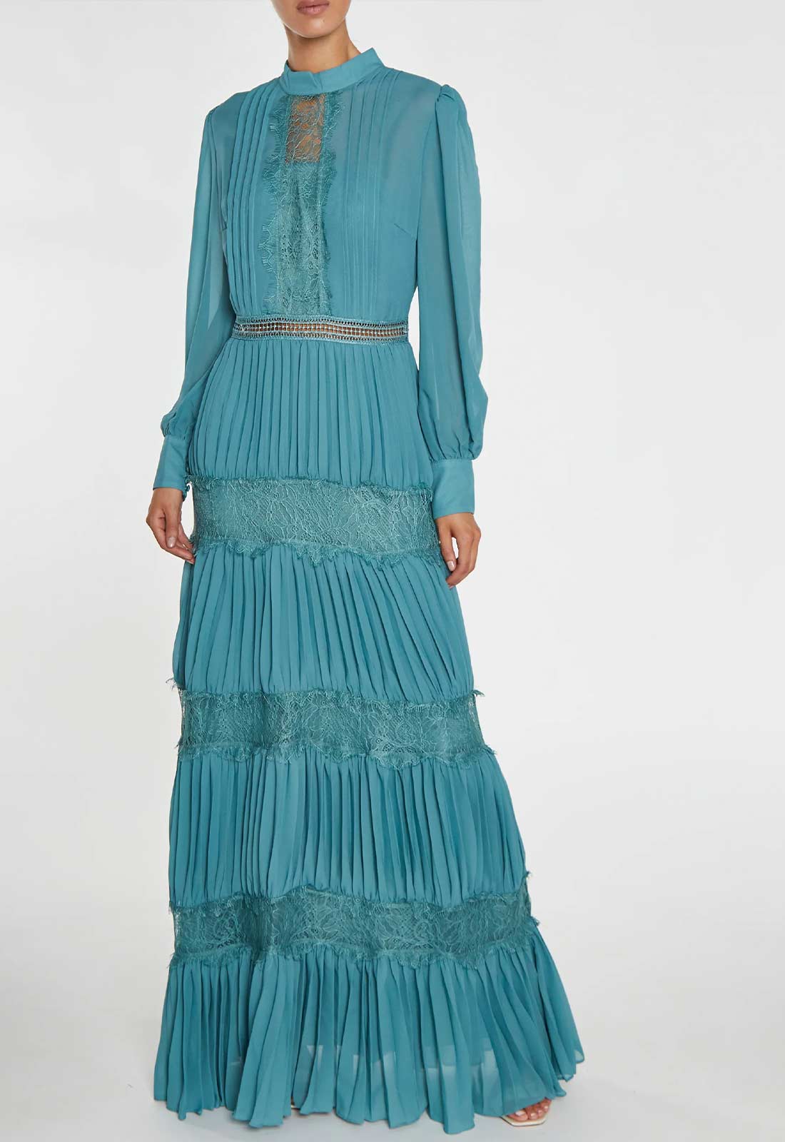 True Decadence Holly Mineral Blue High-Neck Pleated Maxi Dress