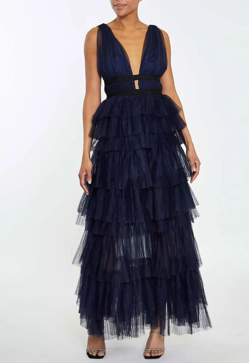 True Decadence Navy Layered Tulle Maxi Dress