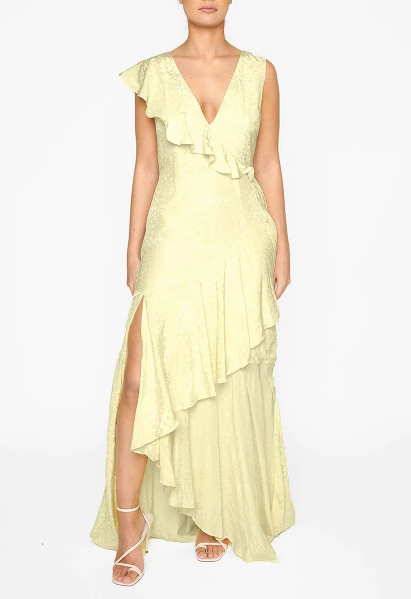 True Decadence Yellow Satin Layered Maxi Dress