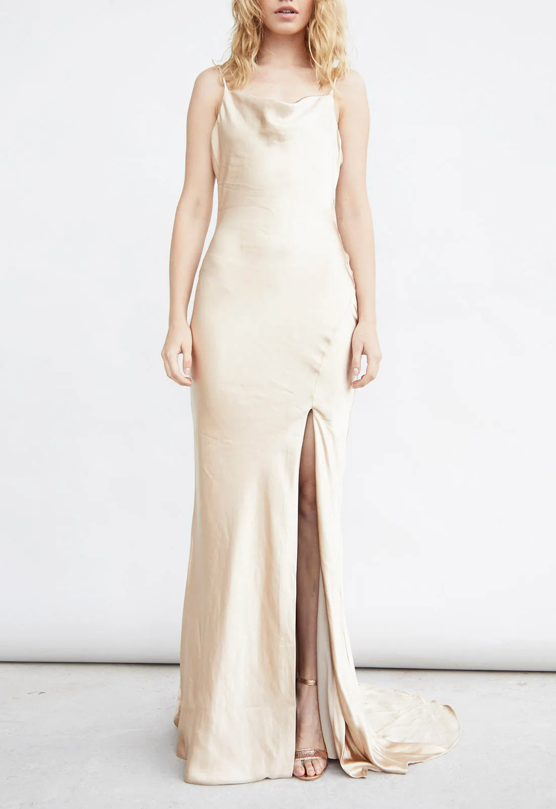 True Decadence Champagne Satin Slip Maxi Dress-109842