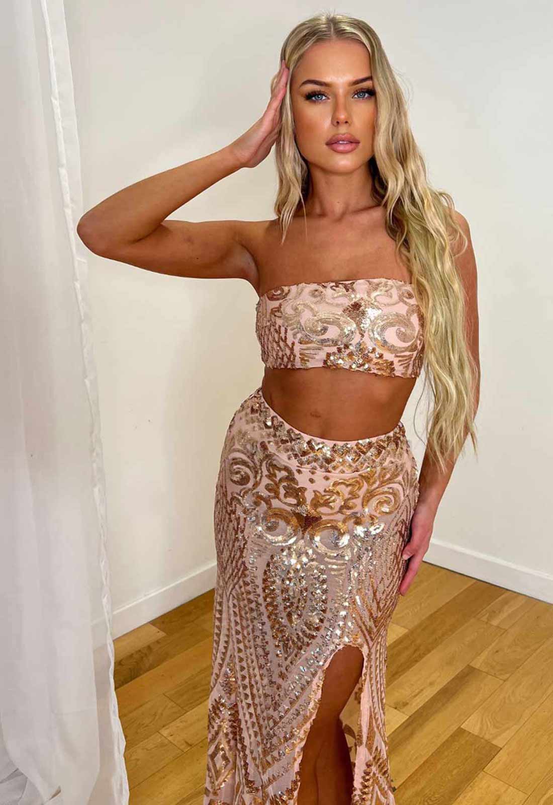 Nazz Collection Rose Gold Shakari Two Piece Party Set-120488