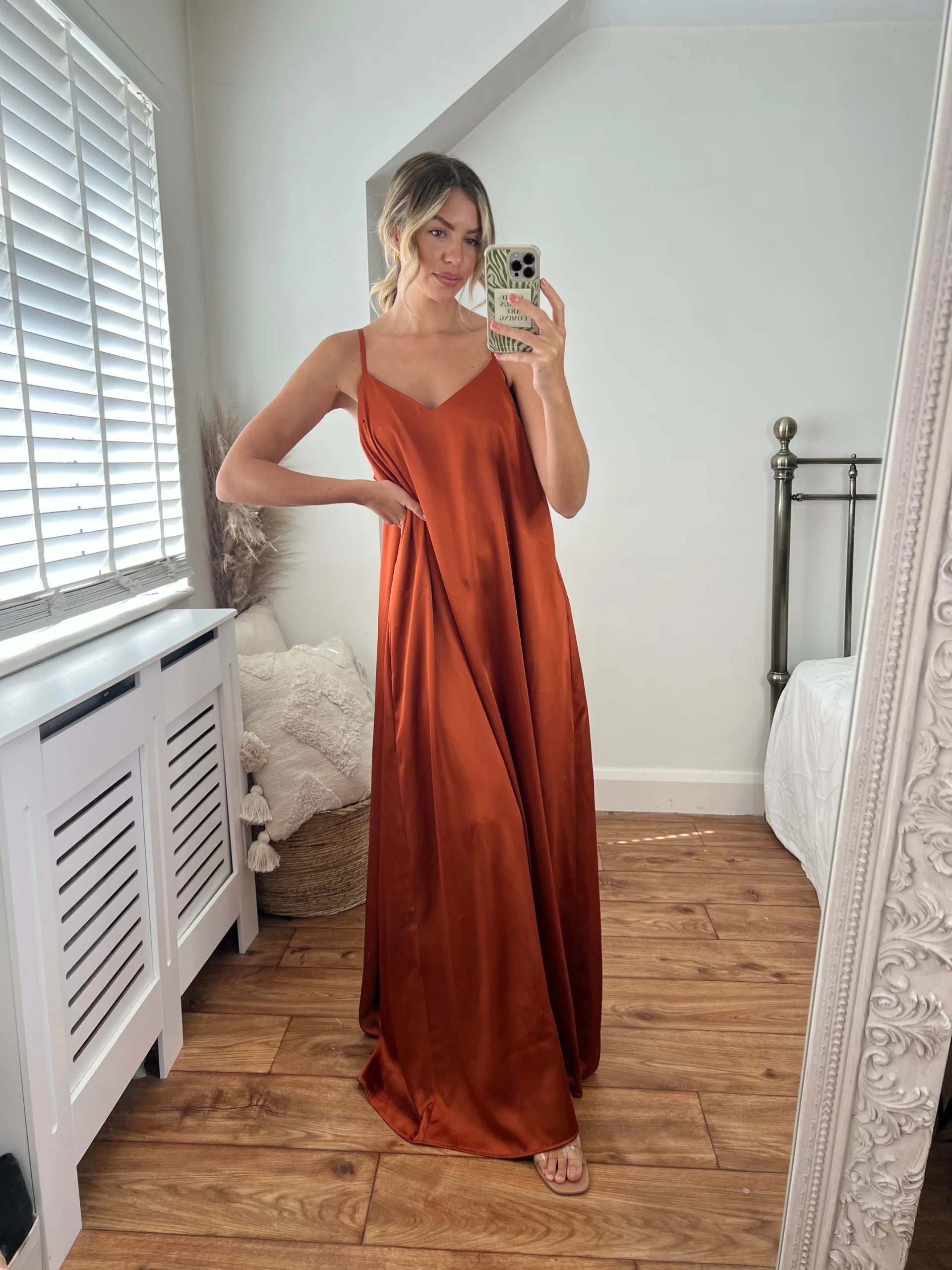 Josh And Nicol Trapeze Satin Dress- Cinnamon Orange