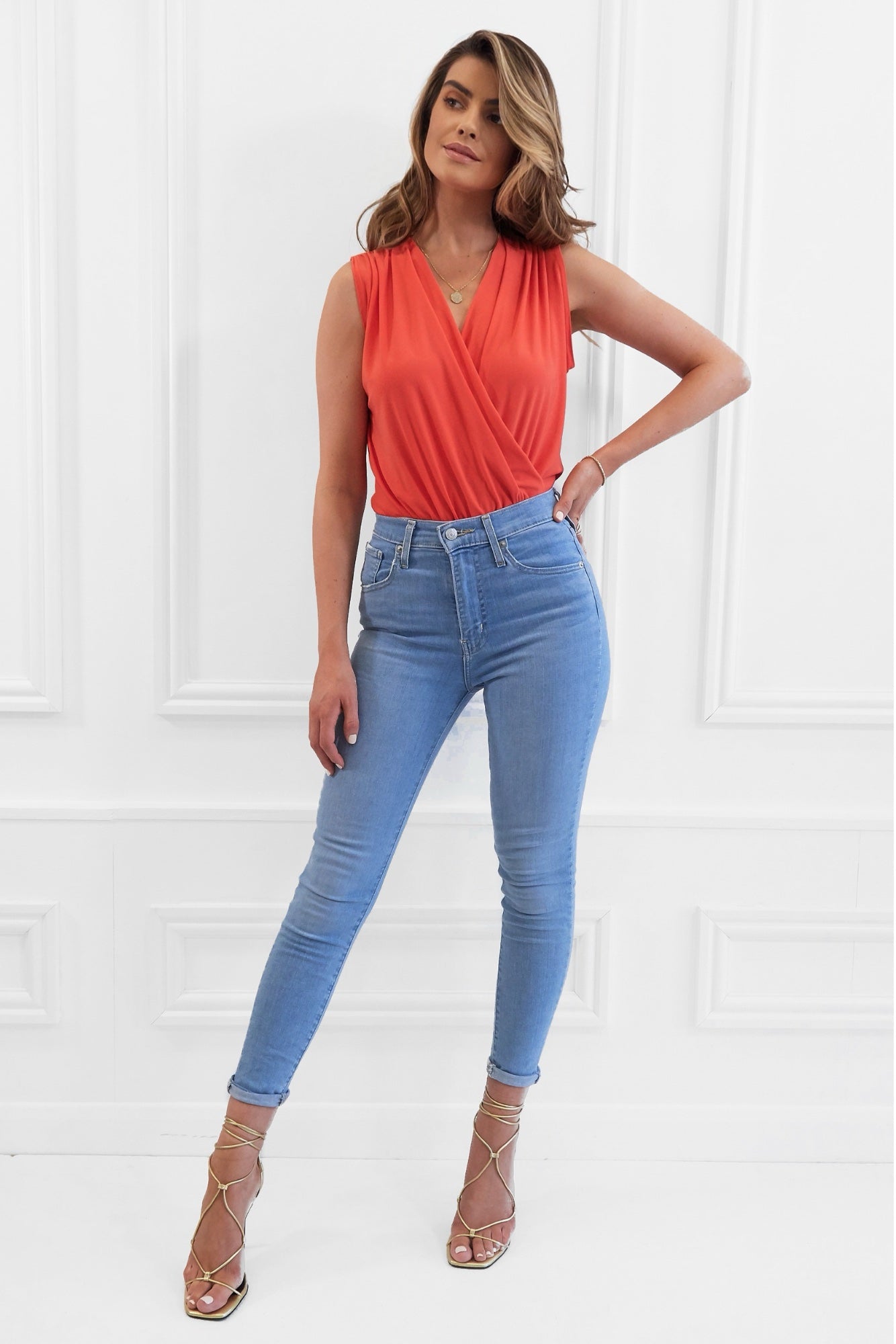 Honor Gold Jade Orange Sleeveless Wrap Style Bodysuit Top