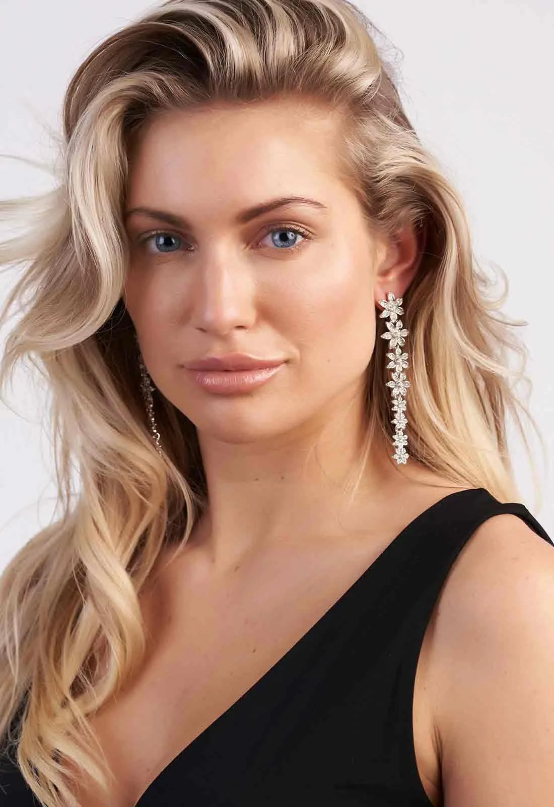 Always Chic Long Silver Floral Earrings-43345