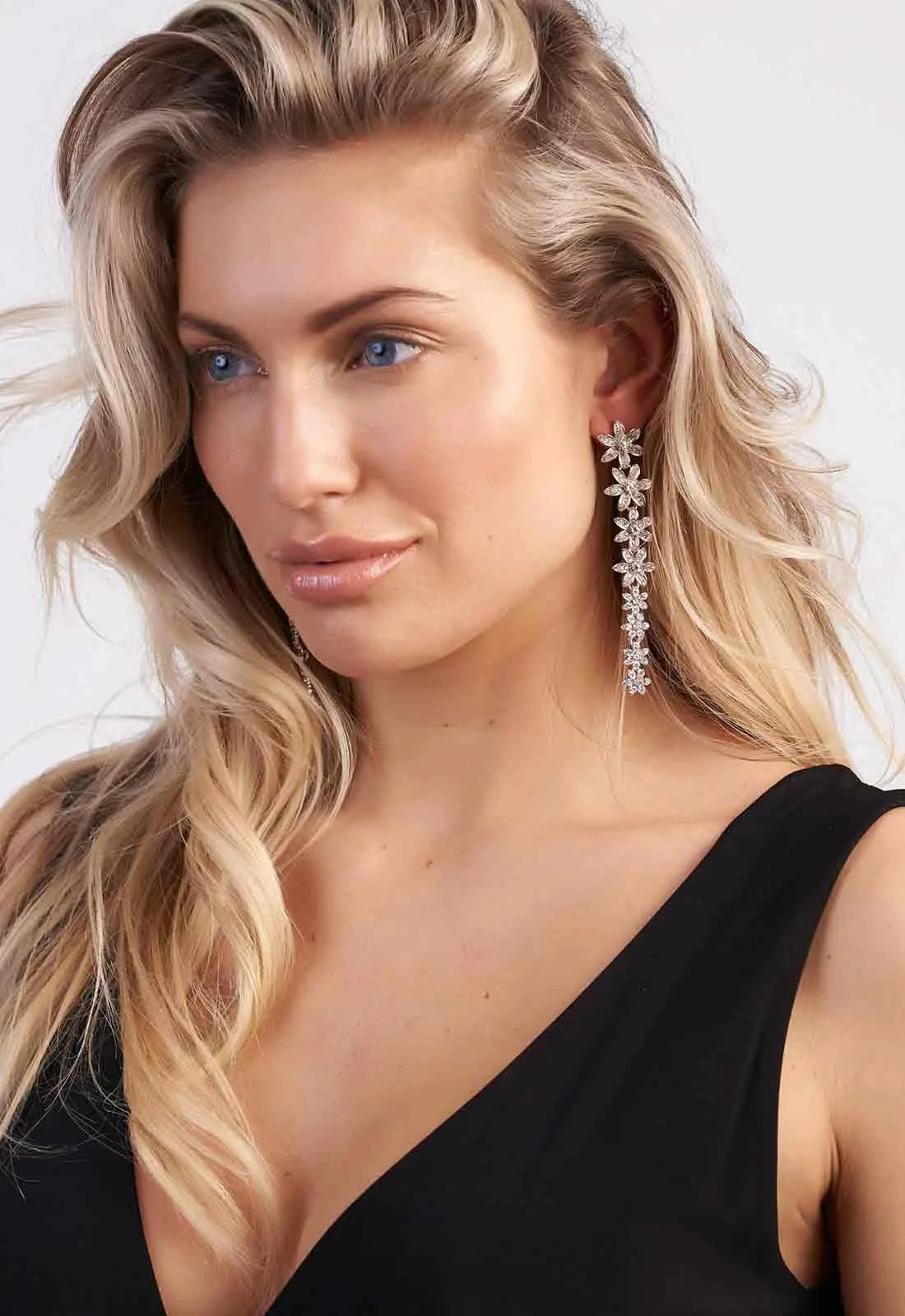 Always Chic Long Silver Floral Earrings-43346