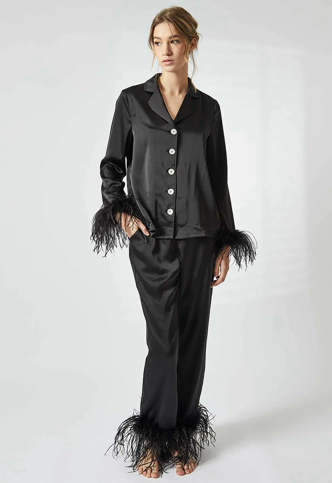 True Decadence Black satin Feather Pajamas