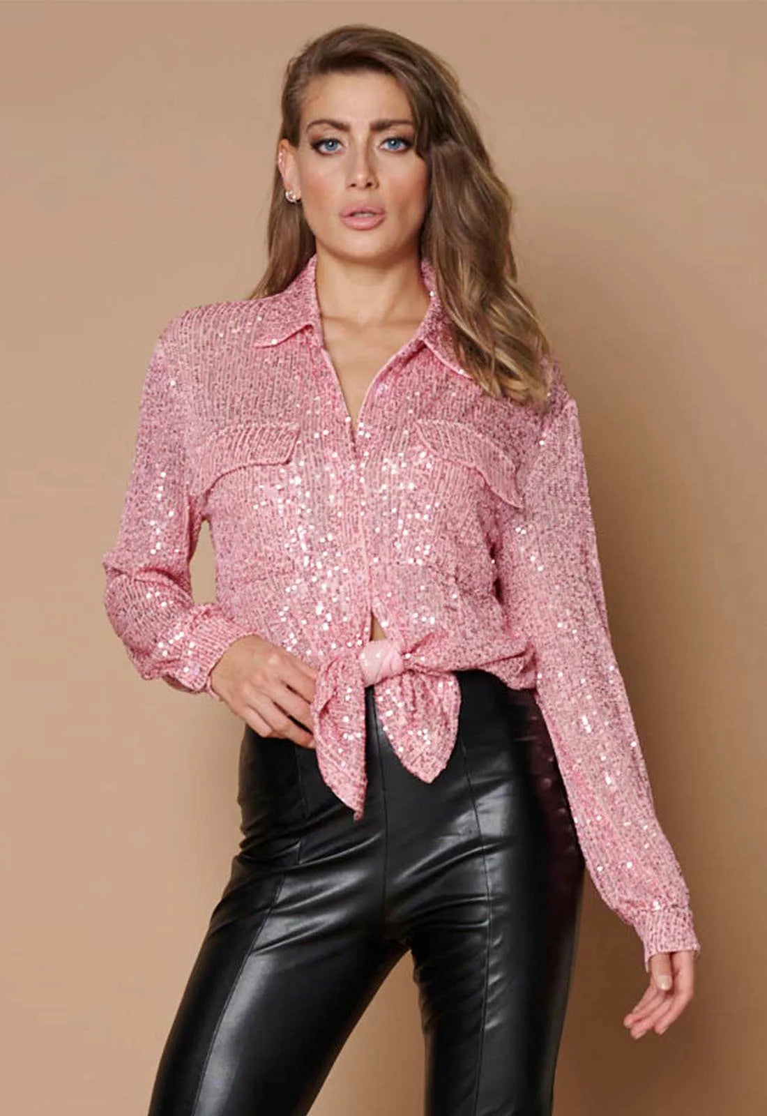 Little Black Dress Baby Pink Sequin Shirt